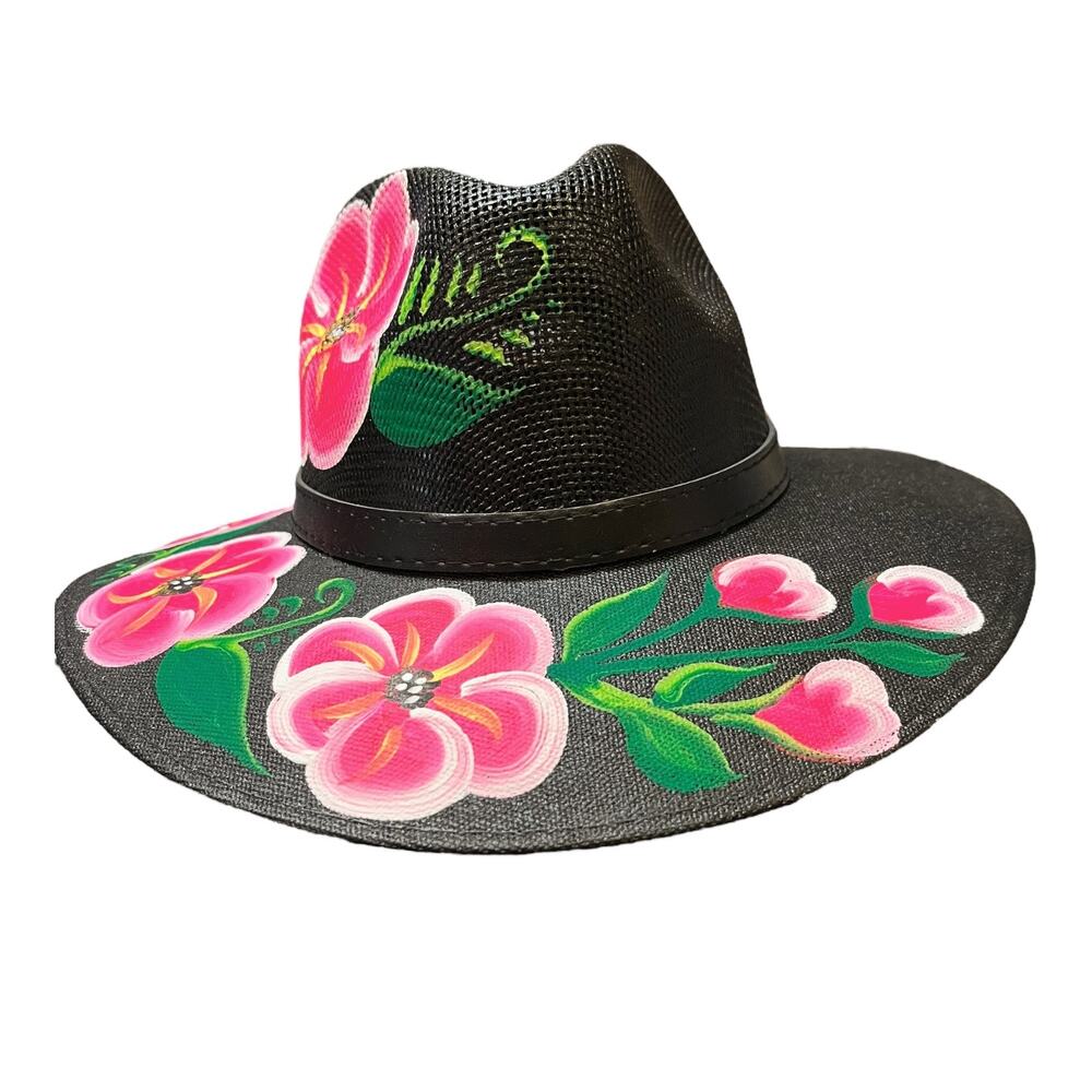 HAT MEXICAN Artisanal Hand Painted Fedora Floral Sombrero Panama Bohemian Black